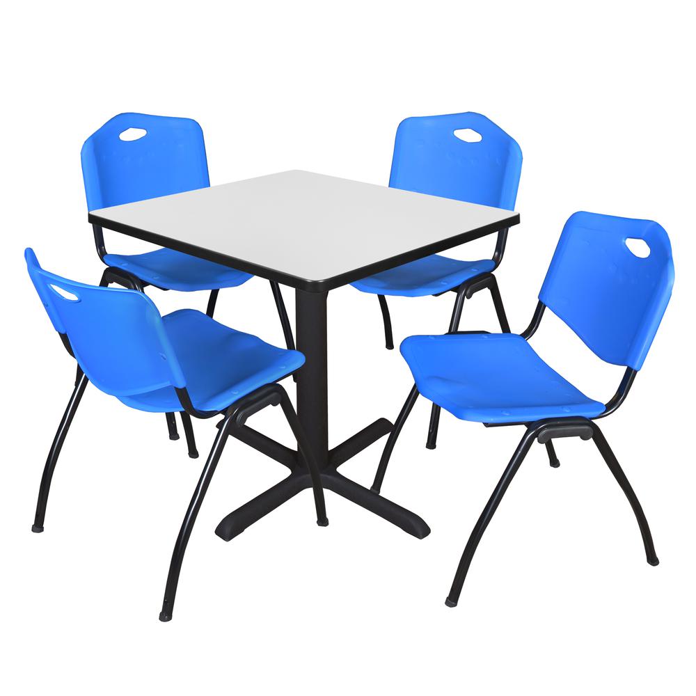 Regency Cain 30 in. Square Breakroom Table- White & 4 M Stack Chairs- Blue. Picture 1