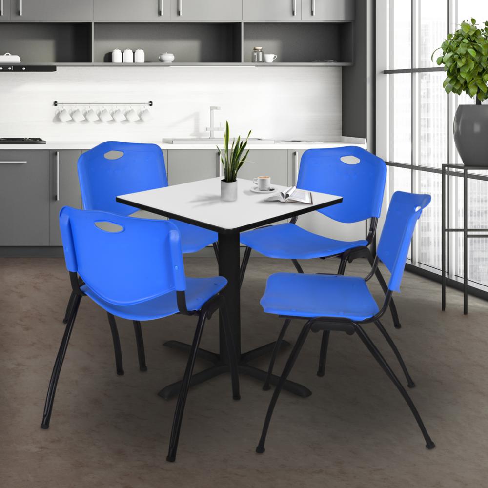 Regency Cain 30 in. Square Breakroom Table- White & 4 M Stack Chairs- Blue. Picture 8