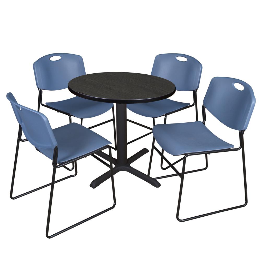 Regency Cain 30 in. Round Breakroom Table- Ash Grey & 4 Zeng Stack Chairs- Blue. Picture 1