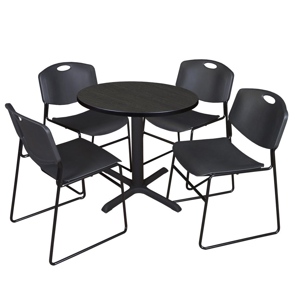 Regency Cain 30 in. Round Breakroom Table- Ash Grey & 4 Zeng Stack Chairs- Black. Picture 1