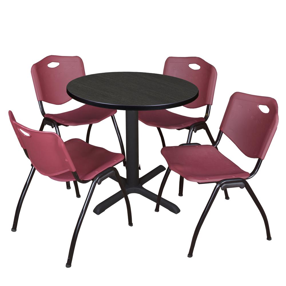 Regency Cain 30 in. Round Breakroom Table- Ash Grey & 4 M Stack Chairs- Burgundy. Picture 1