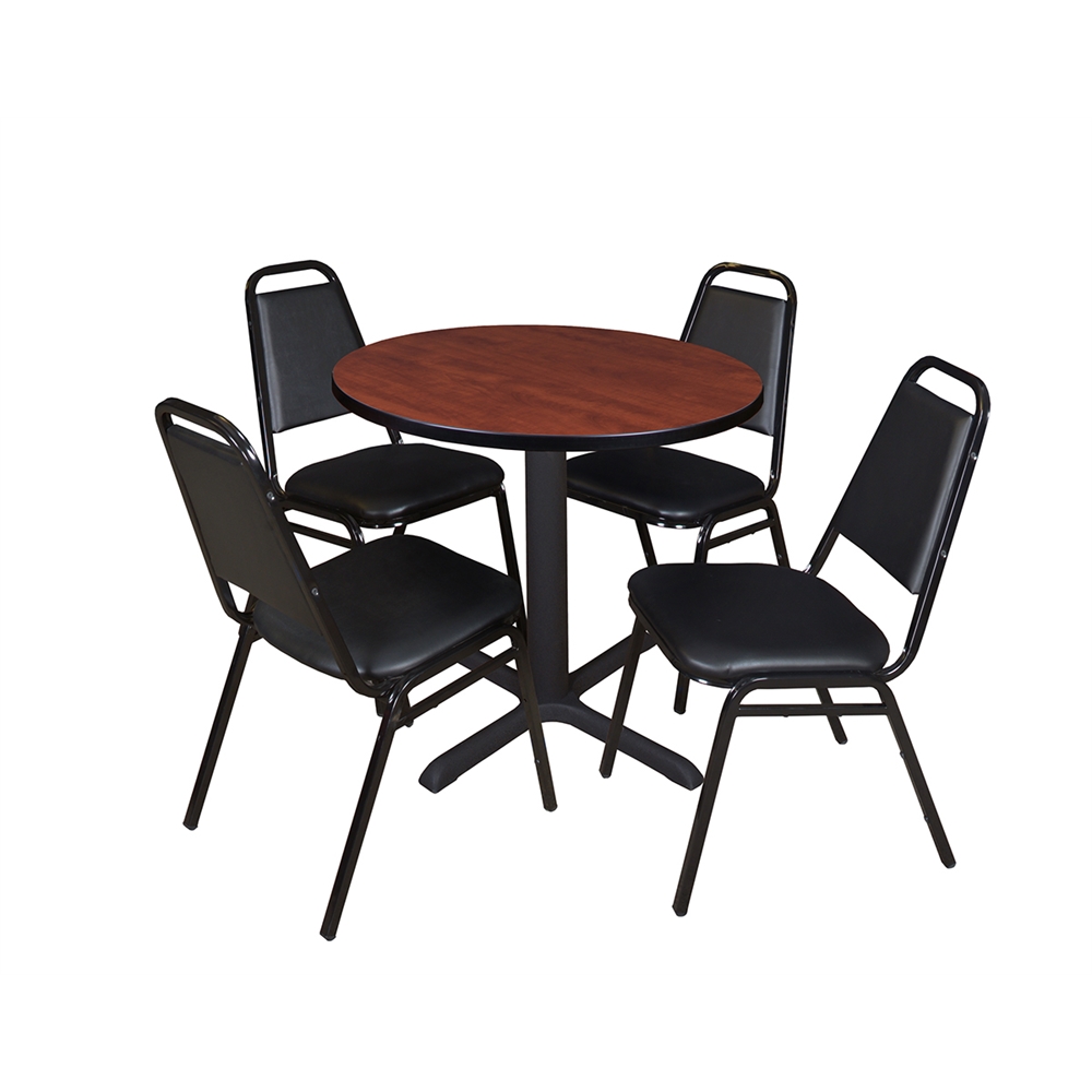 Cain 30" Round Breakroom Table- Cherry & 4 Restaurant Stack Chairs- Black. The main picture.