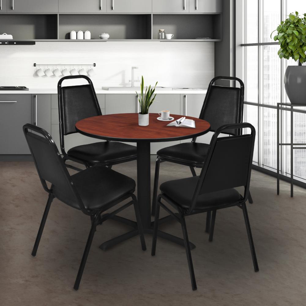 Cain 30" Round Breakroom Table- Cherry & 4 Restaurant Stack Chairs- Black. Picture 2