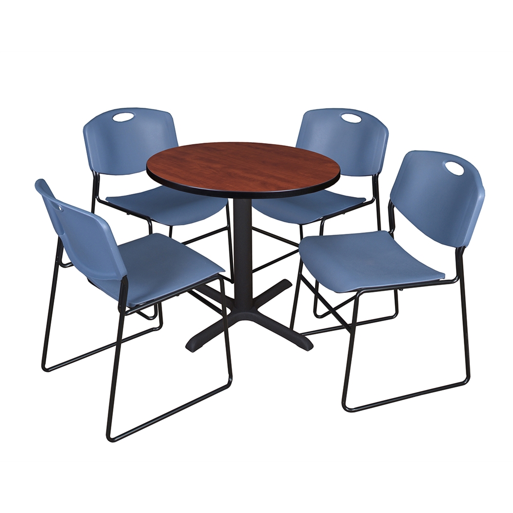 Cain 30" Round Breakroom Table- Cherry & 4 Zeng Stack Chairs- Blue. Picture 1