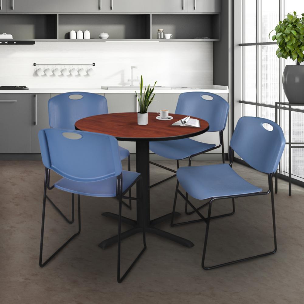 Cain 30" Round Breakroom Table- Cherry & 4 Zeng Stack Chairs- Blue. Picture 2