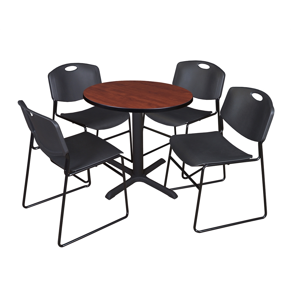 Cain 30" Round Breakroom Table- Cherry & 4 Zeng Stack Chairs- Black. Picture 1