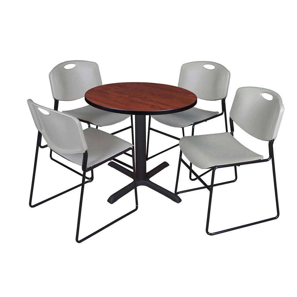 Cain 30" Round Breakroom Table- Cherry & 4 Zeng Stack Chairs- Grey. Picture 1