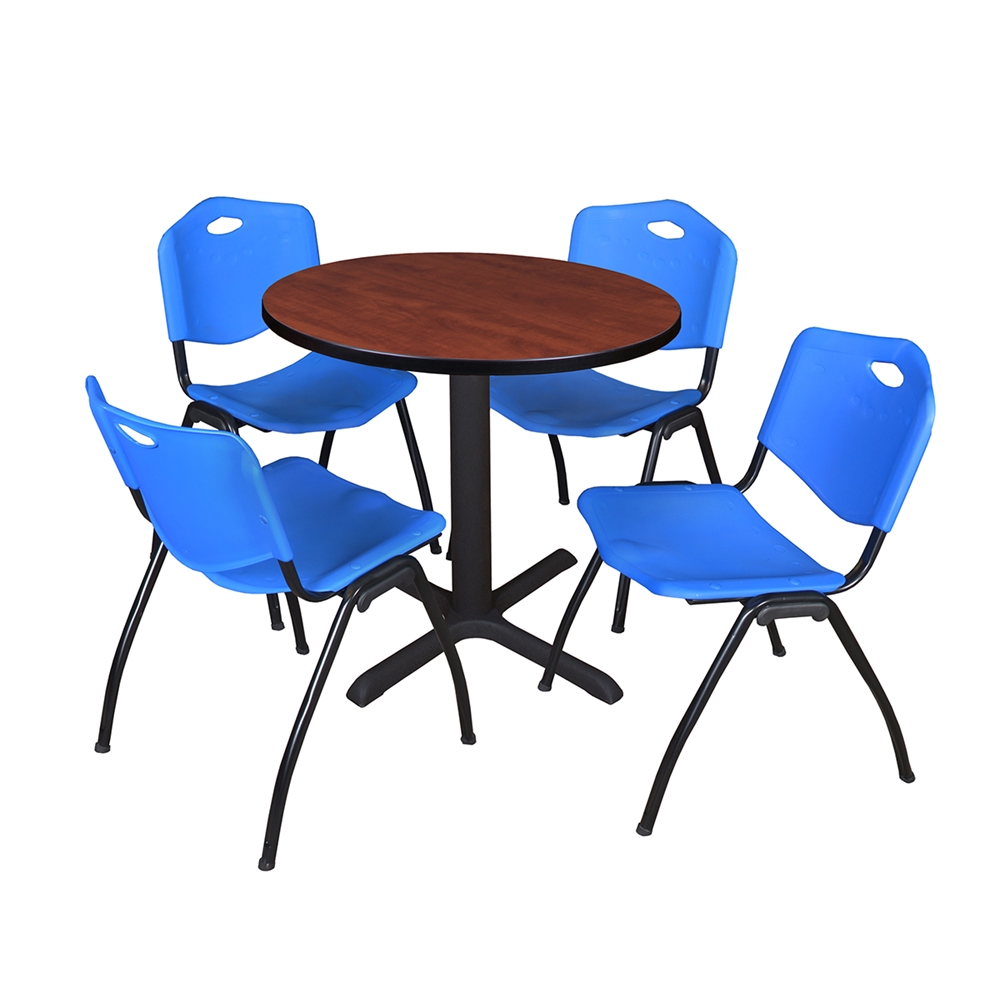 Cain 30" Round Breakroom Table- Cherry & 4 'M' Stack Chairs- Blue. Picture 1