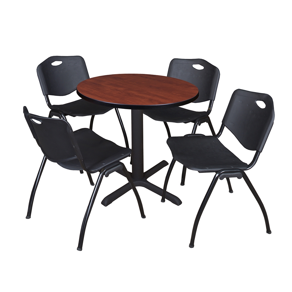 Cain 30" Round Breakroom Table- Cherry & 4 'M' Stack Chairs- Black. Picture 1
