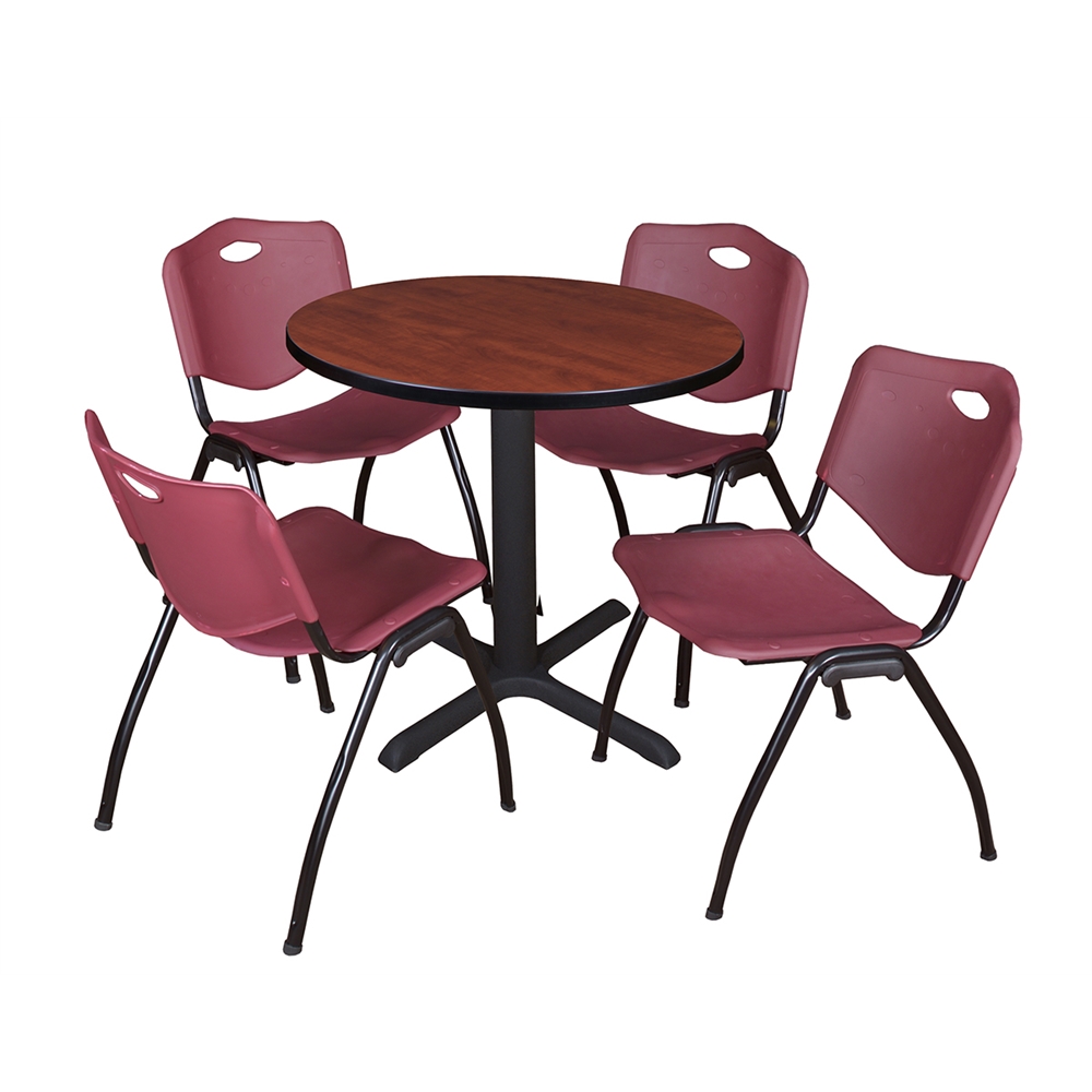 Cain 30" Round Breakroom Table- Cherry & 4 'M' Stack Chairs- Burgundy. Picture 1