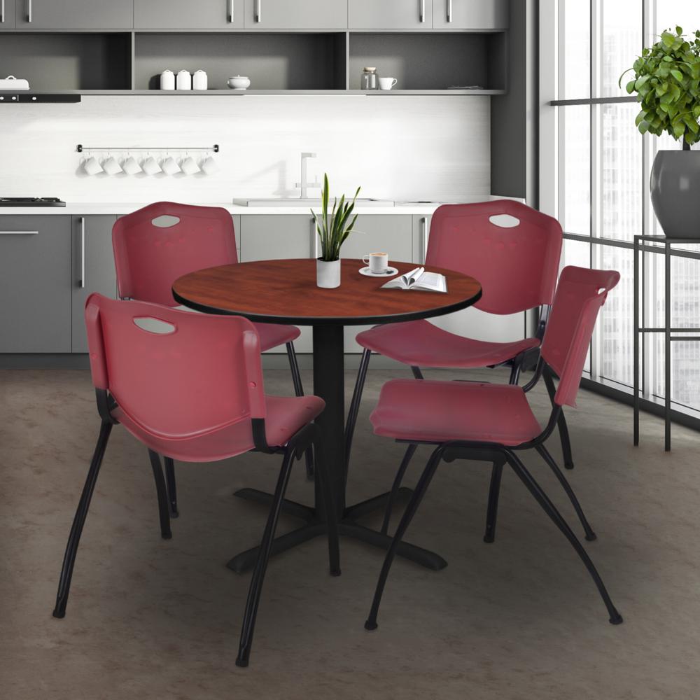 Cain 30" Round Breakroom Table- Cherry & 4 'M' Stack Chairs- Burgundy. Picture 2