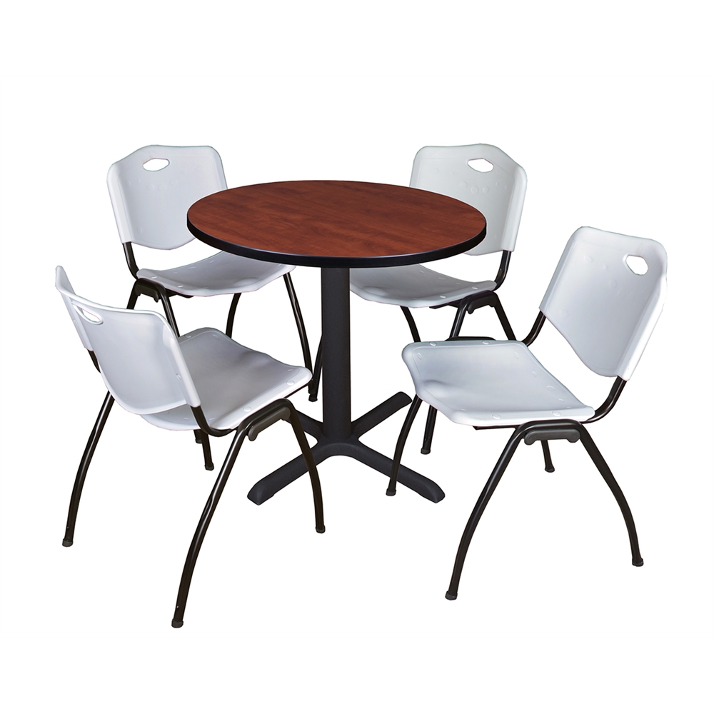 Cain 30" Round Breakroom Table- Cherry & 4 'M' Stack Chairs- Grey. Picture 1