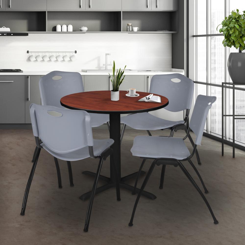 Cain 30" Round Breakroom Table- Cherry & 4 'M' Stack Chairs- Grey. Picture 2