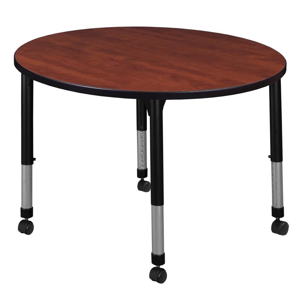 Kee 30" Round Height Adjustable  Mobile Classroom Table - Cherry. Picture 1