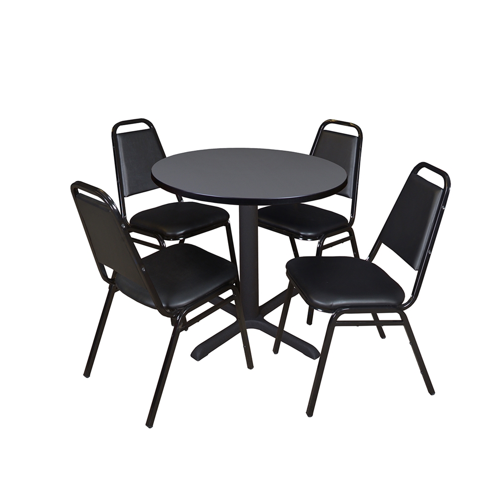 Cain 30" Round Breakroom Table- Grey & 4 Restaurant Stack Chairs- Black. Picture 1