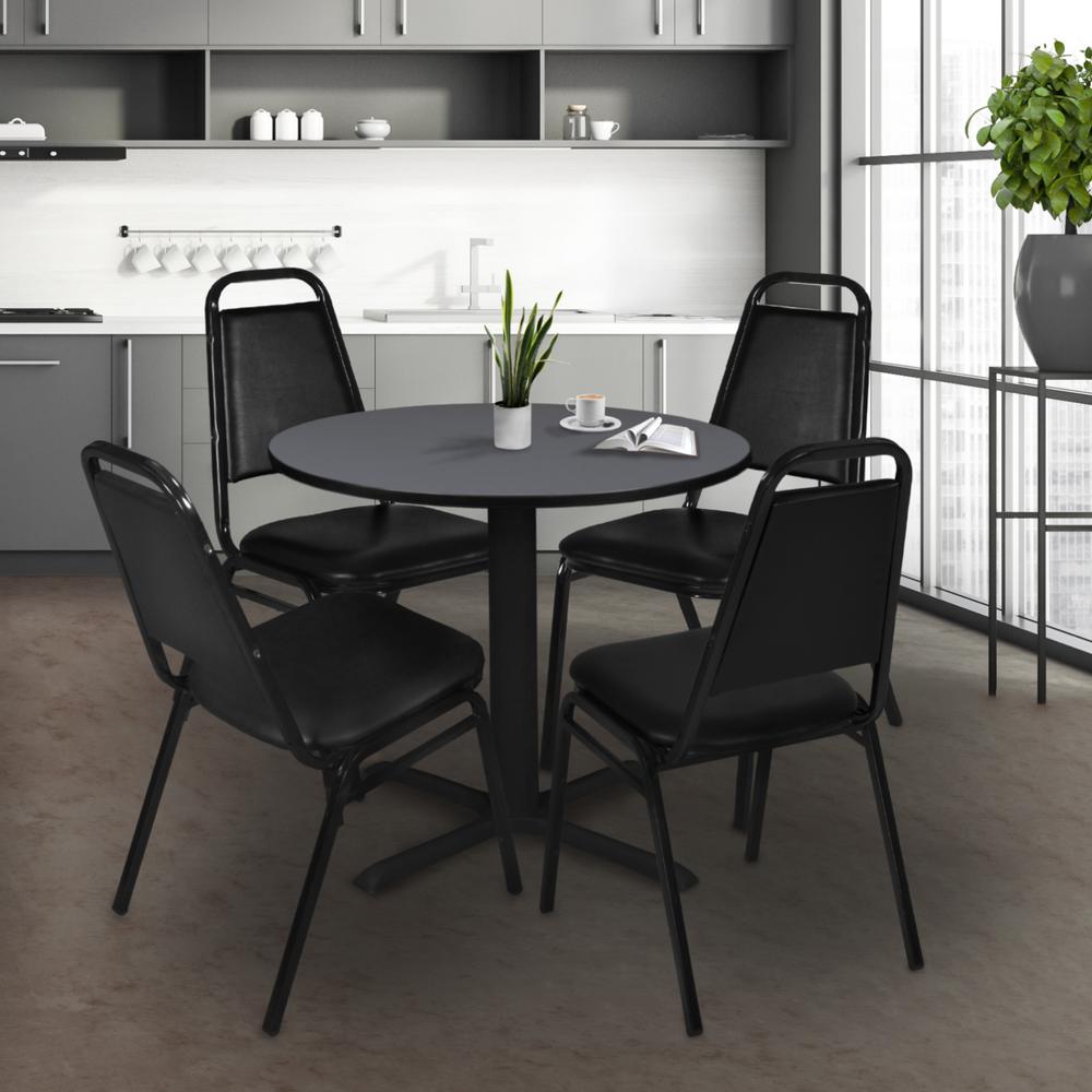 Cain 30" Round Breakroom Table- Grey & 4 Restaurant Stack Chairs- Black. Picture 2