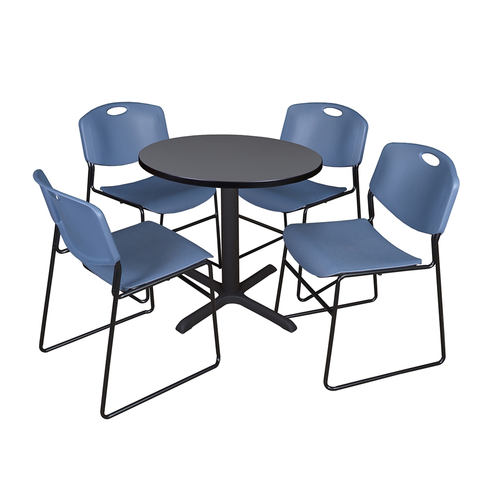 Cain 30" Round Breakroom Table- Grey & 4 Zeng Stack Chairs- Blue. Picture 1