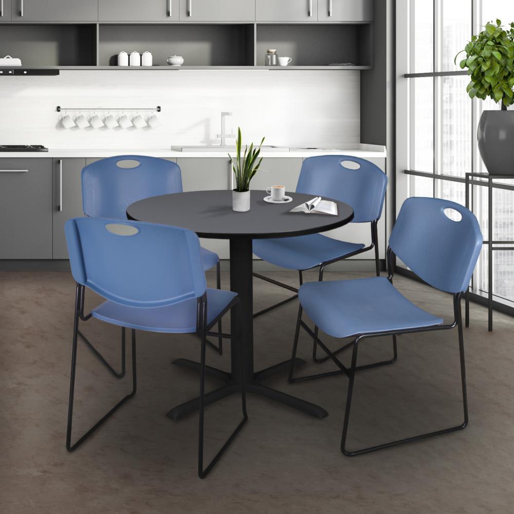 Cain 30" Round Breakroom Table- Grey & 4 Zeng Stack Chairs- Blue. Picture 2