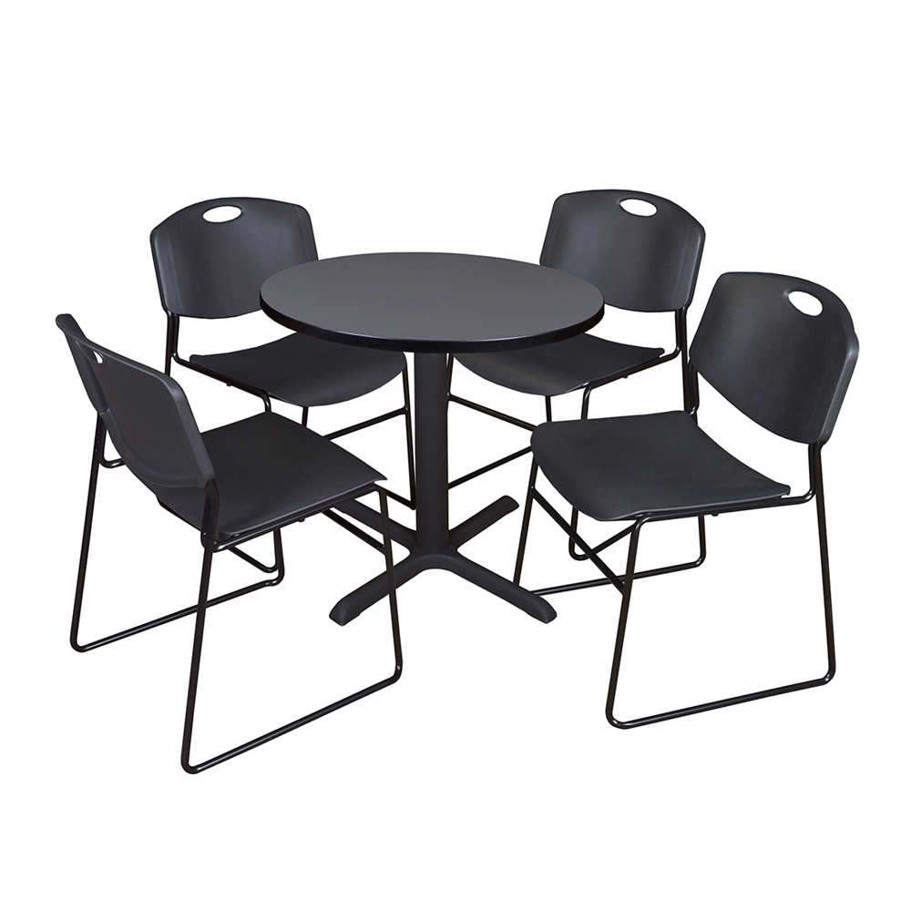 Cain 30" Round Breakroom Table- Grey & 4 Zeng Stack Chairs- Black. Picture 1