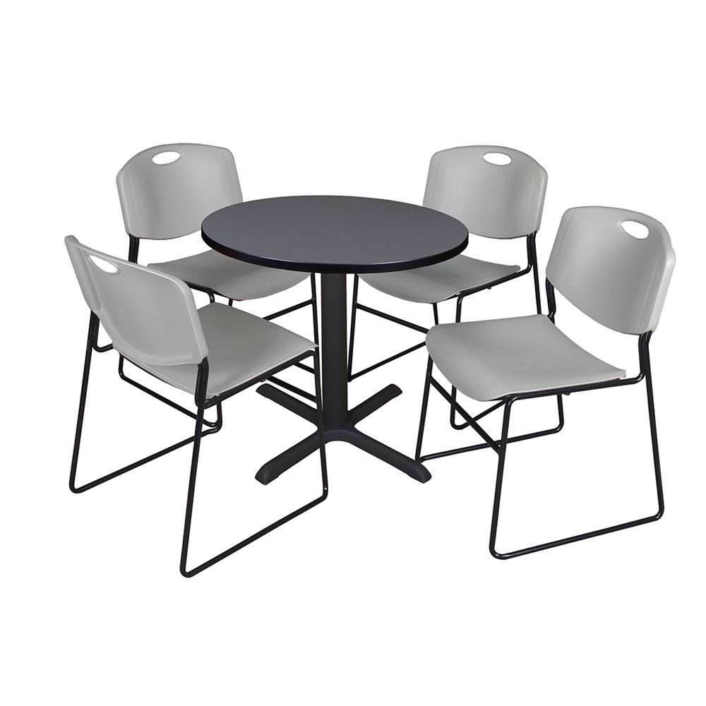 Cain 30" Round Breakroom Table- Grey & 4 Zeng Stack Chairs- Grey. Picture 1