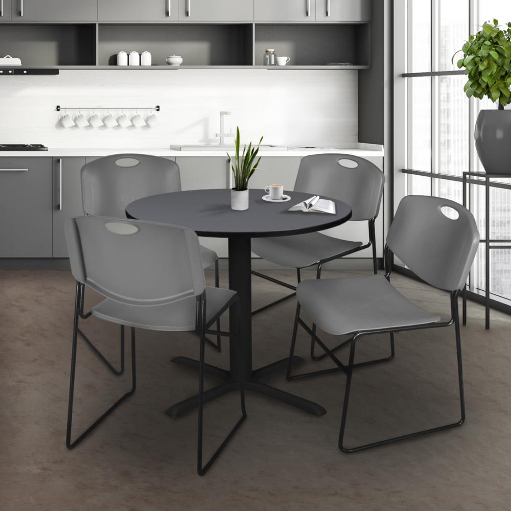 Cain 30" Round Breakroom Table- Grey & 4 Zeng Stack Chairs- Grey. Picture 2