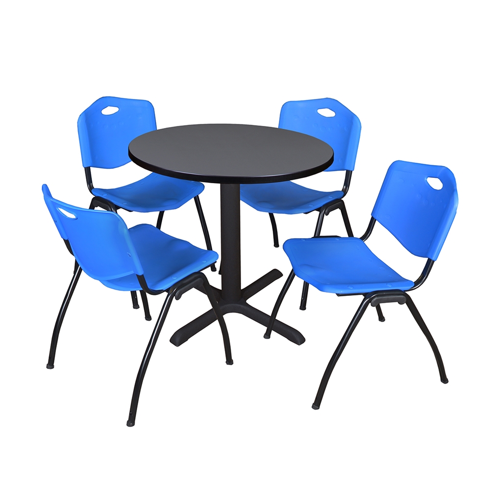 Cain 30" Round Breakroom Table- Grey & 4 'M' Stack Chairs- Blue. Picture 1