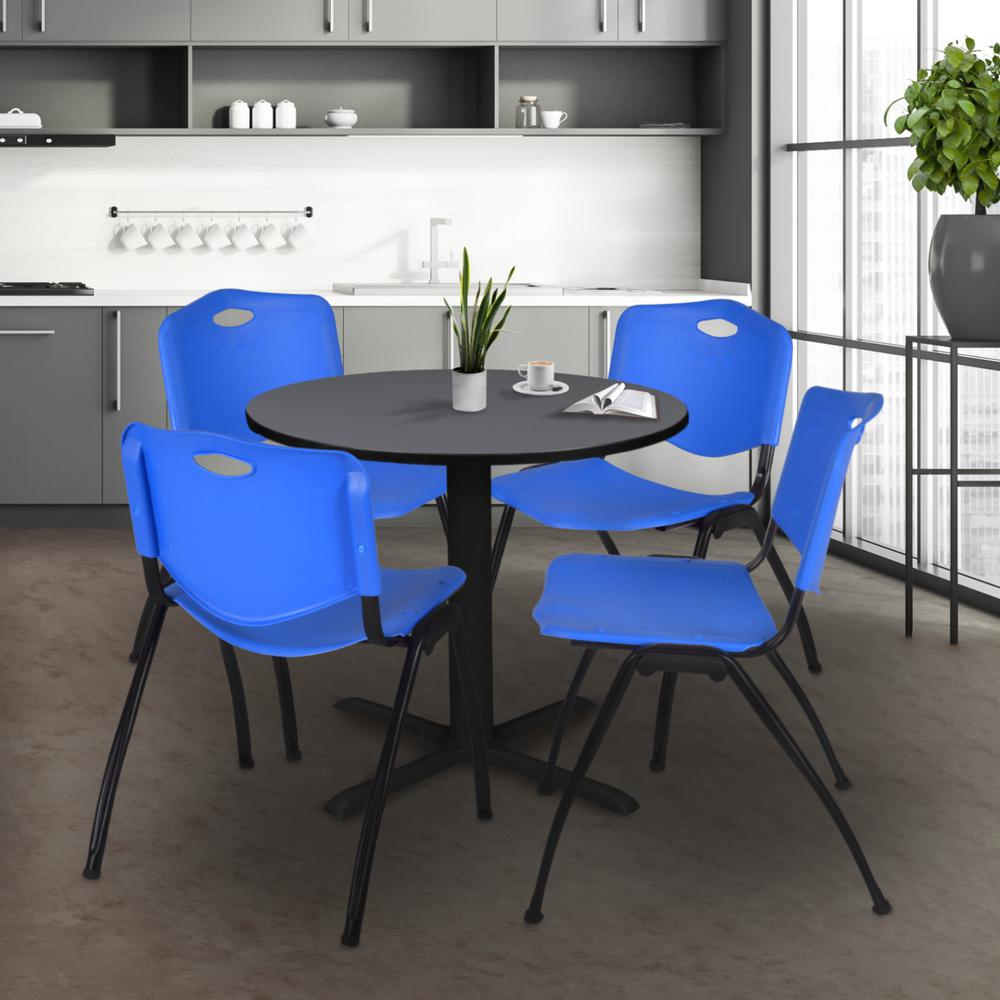 Cain 30" Round Breakroom Table- Grey & 4 'M' Stack Chairs- Blue. Picture 2