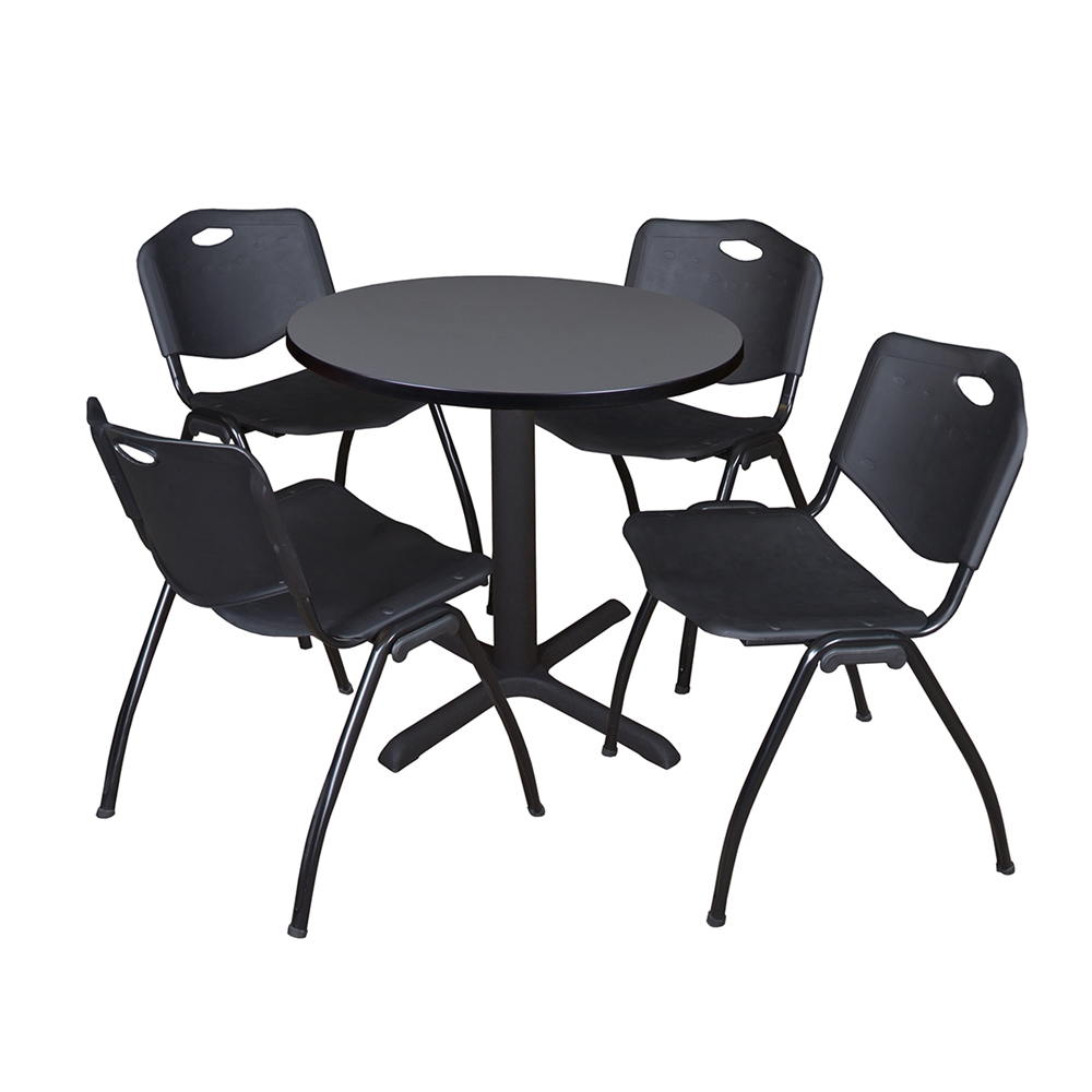 Cain 30" Round Breakroom Table- Grey & 4 'M' Stack Chairs- Black. Picture 1