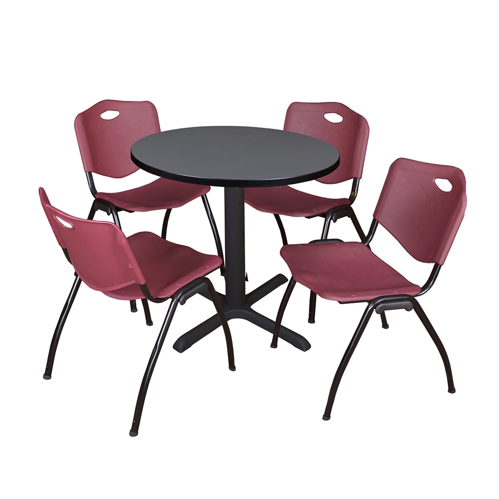 Cain 30" Round Breakroom Table- Grey & 4 'M' Stack Chairs- Burgundy. Picture 1