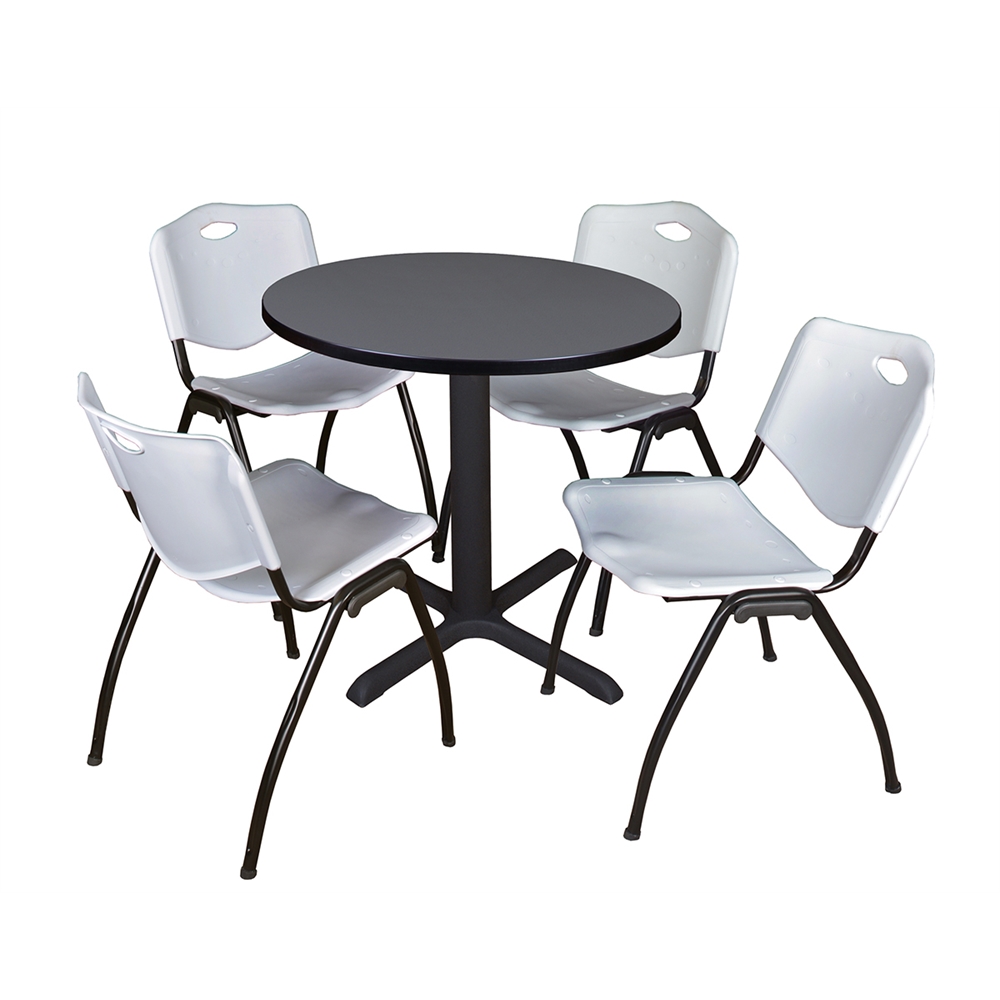 Cain 30" Round Breakroom Table- Grey & 4 'M' Stack Chairs- Grey. Picture 1