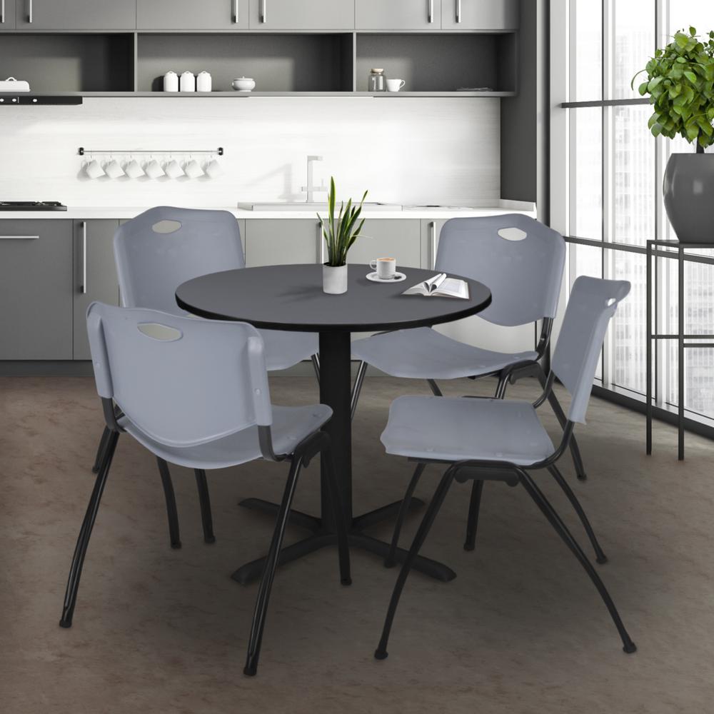 Cain 30" Round Breakroom Table- Grey & 4 'M' Stack Chairs- Grey. Picture 2
