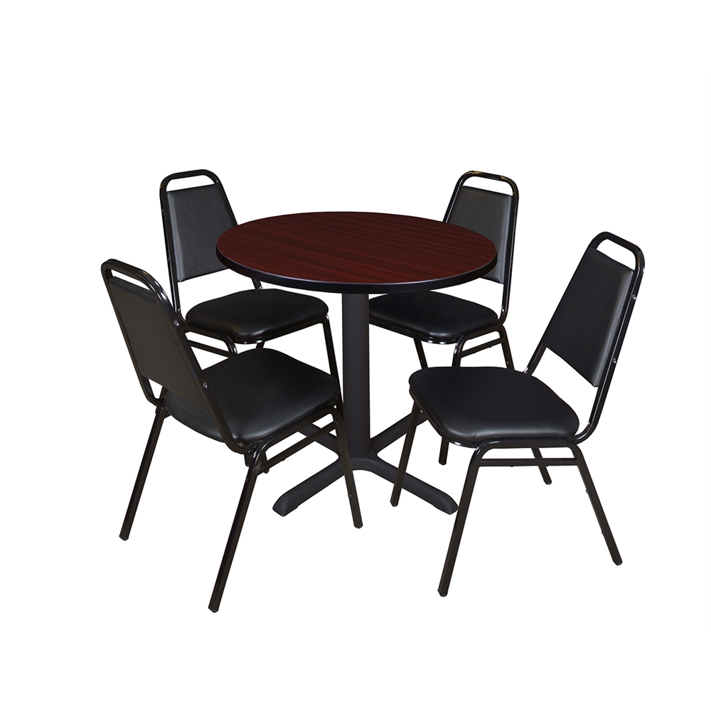 Cain 30" Round Breakroom Table- Mahogany & 4 Restaurant Stack Chairs- Black. Picture 1