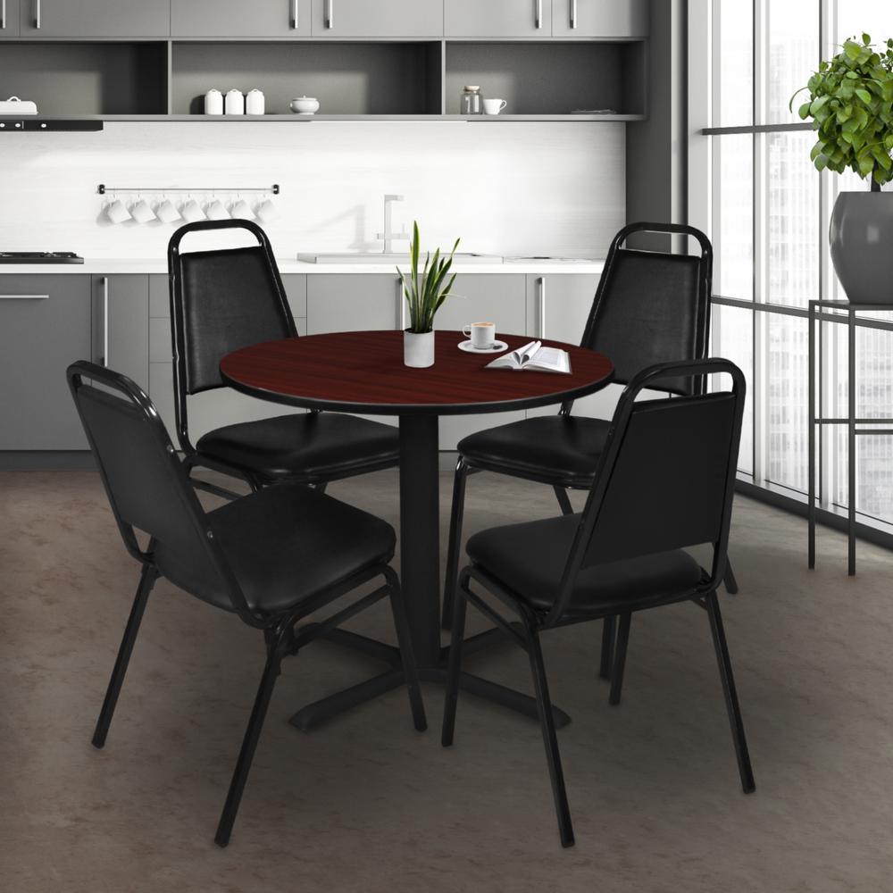 Cain 30" Round Breakroom Table- Mahogany & 4 Restaurant Stack Chairs- Black. Picture 2