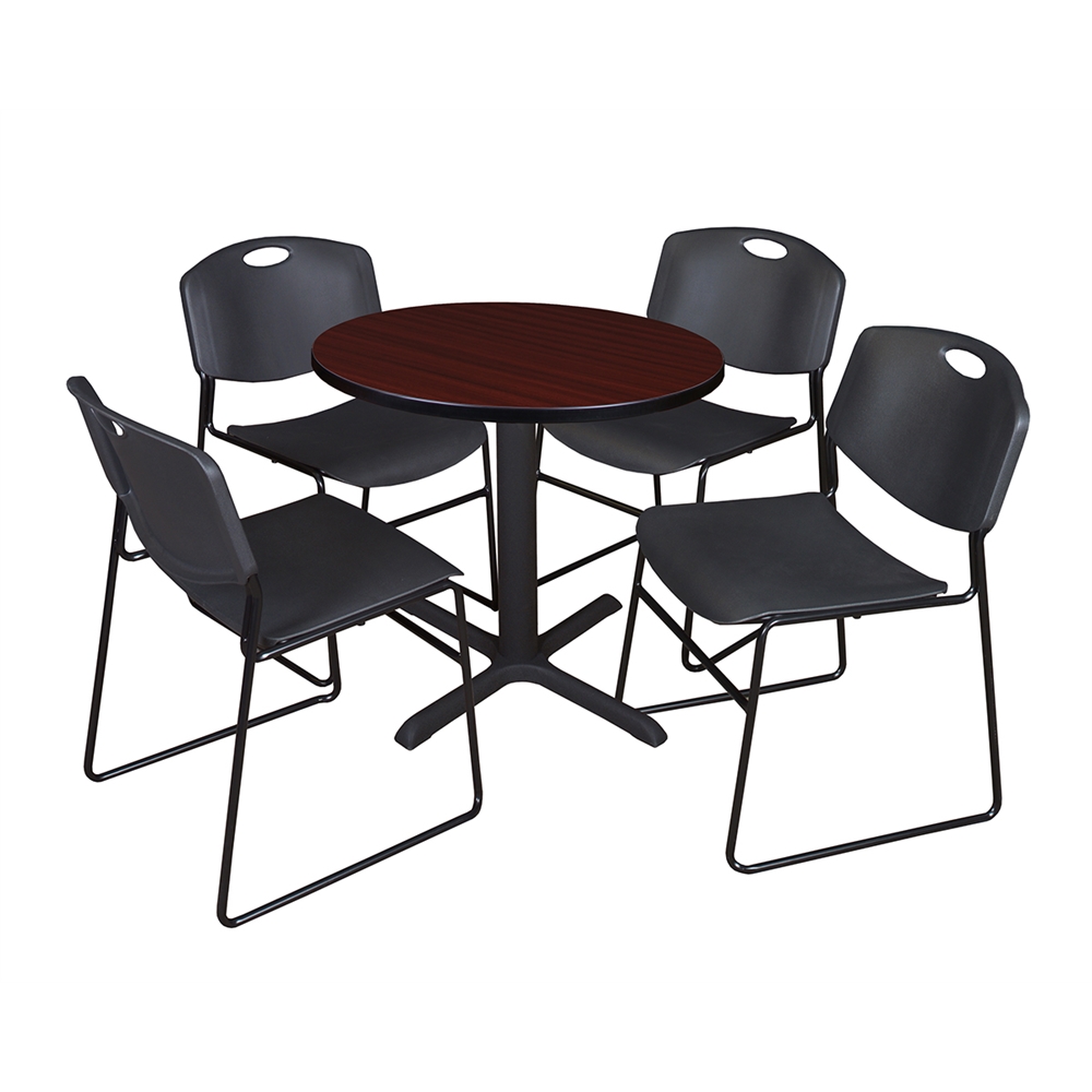 Cain 30" Round Breakroom Table- Mahogany & 4 Zeng Stack Chairs- Black. Picture 1