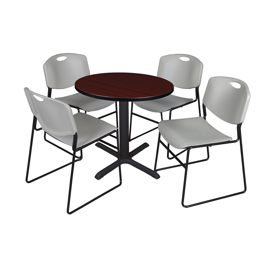 Cain 30" Round Breakroom Table- Mahogany & 4 Zeng Stack Chairs- Grey. Picture 1
