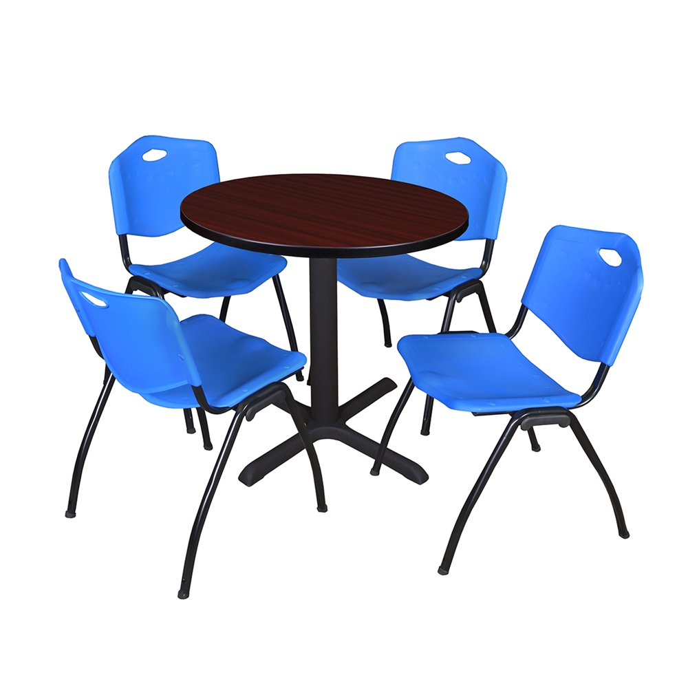 Cain 30" Round Breakroom Table- Mahogany & 4 'M' Stack Chairs- Blue. Picture 1
