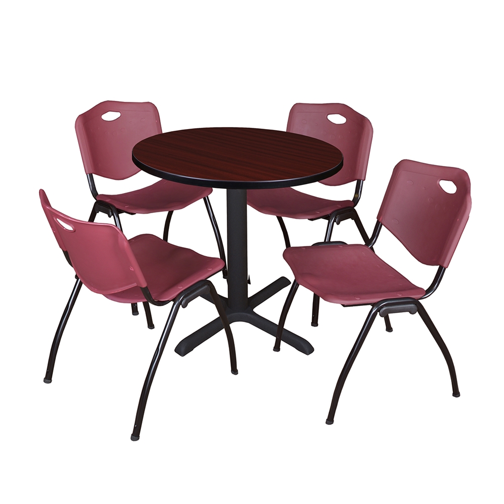 Cain 30" Round Breakroom Table- Mahogany & 4 'M' Stack Chairs- Burgundy. Picture 1