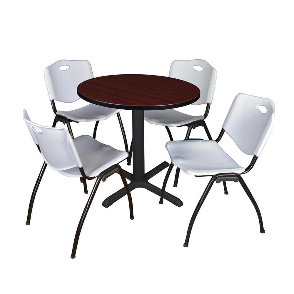Cain 30" Round Breakroom Table- Mahogany & 4 'M' Stack Chairs- Grey. Picture 1
