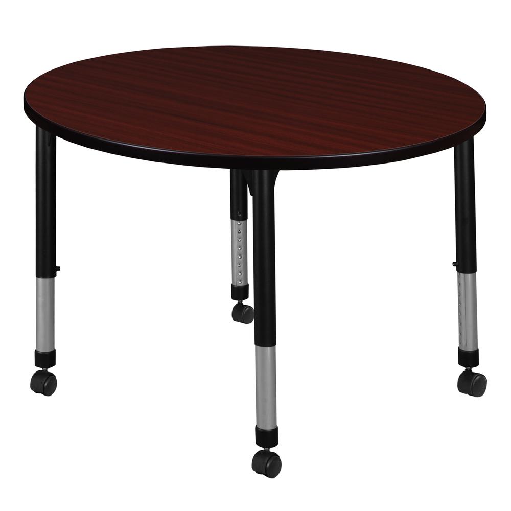 Kee 30" Round Height Adjustable Mobile Classroom Table - Mahogany. Picture 1