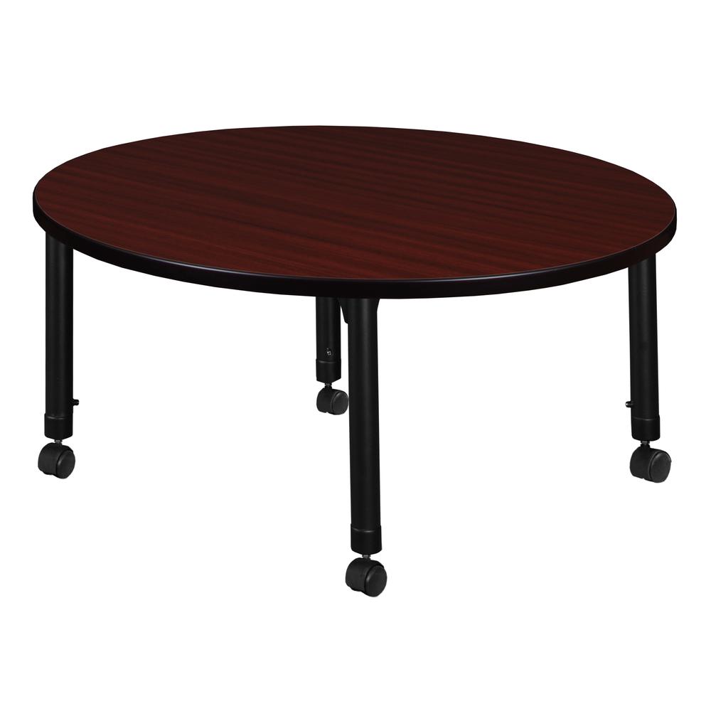 Kee 30" Round Height Adjustable Mobile Classroom Table - Mahogany. Picture 2