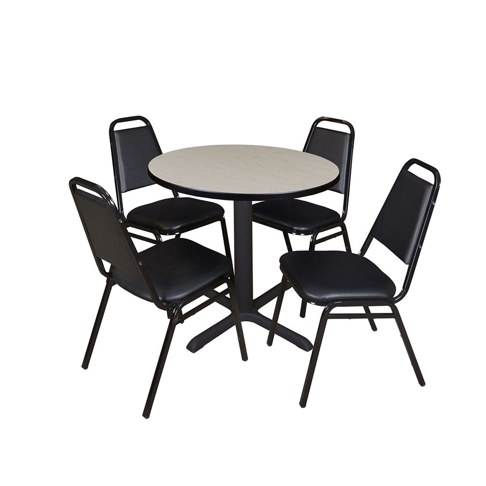 Cain 30" Round Breakroom Table- Maple & 4 Restaurant Stack Chairs- Black. Picture 1