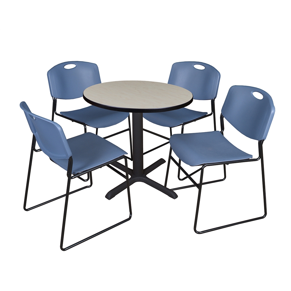 Cain 30" Round Breakroom Table- Maple & 4 Zeng Stack Chairs- Blue. Picture 1