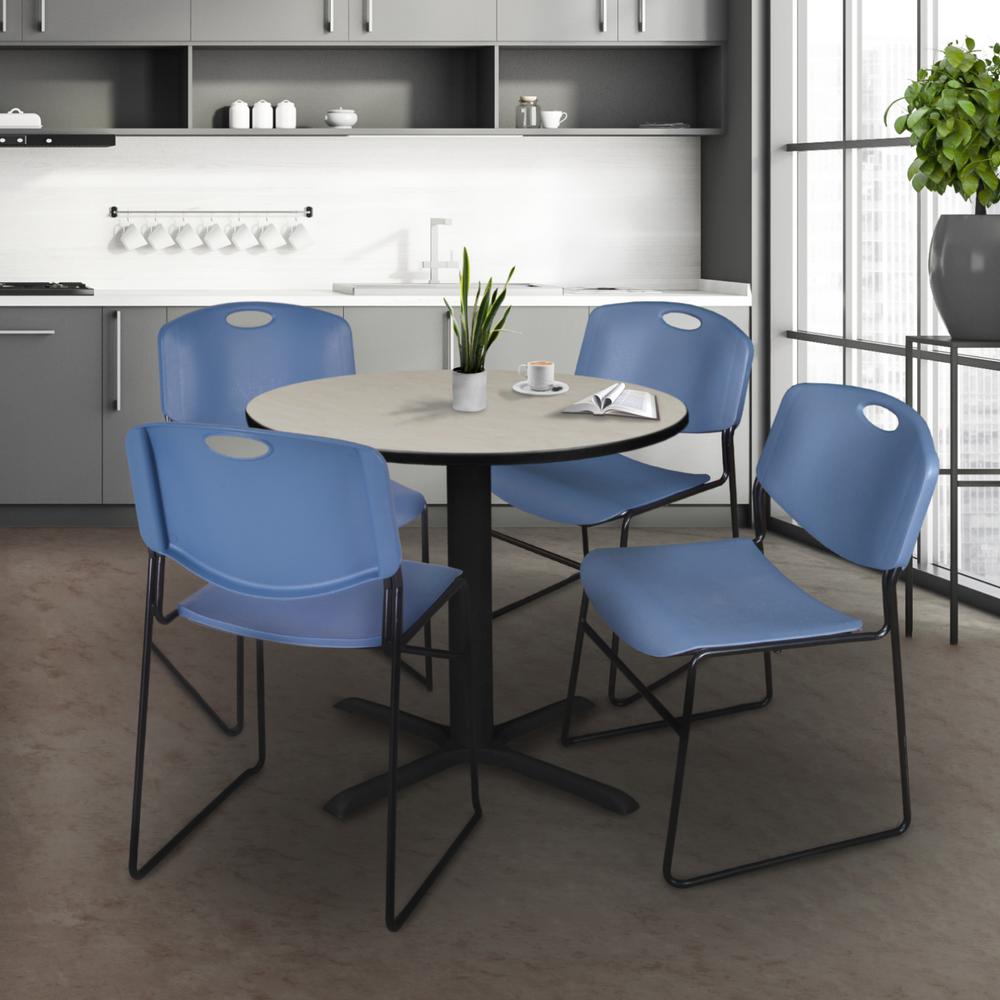 Cain 30" Round Breakroom Table- Maple & 4 Zeng Stack Chairs- Blue. Picture 2