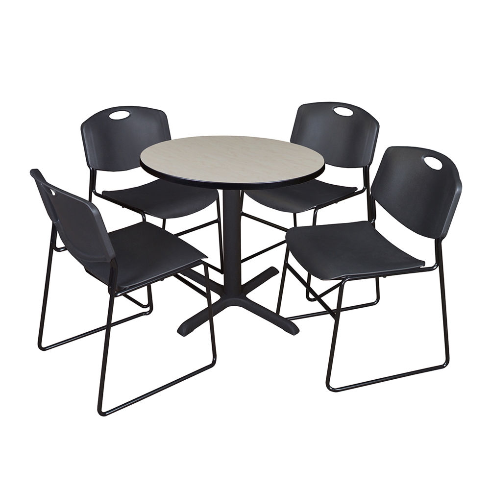 Cain 30" Round Breakroom Table- Maple & 4 Zeng Stack Chairs- Black. Picture 1