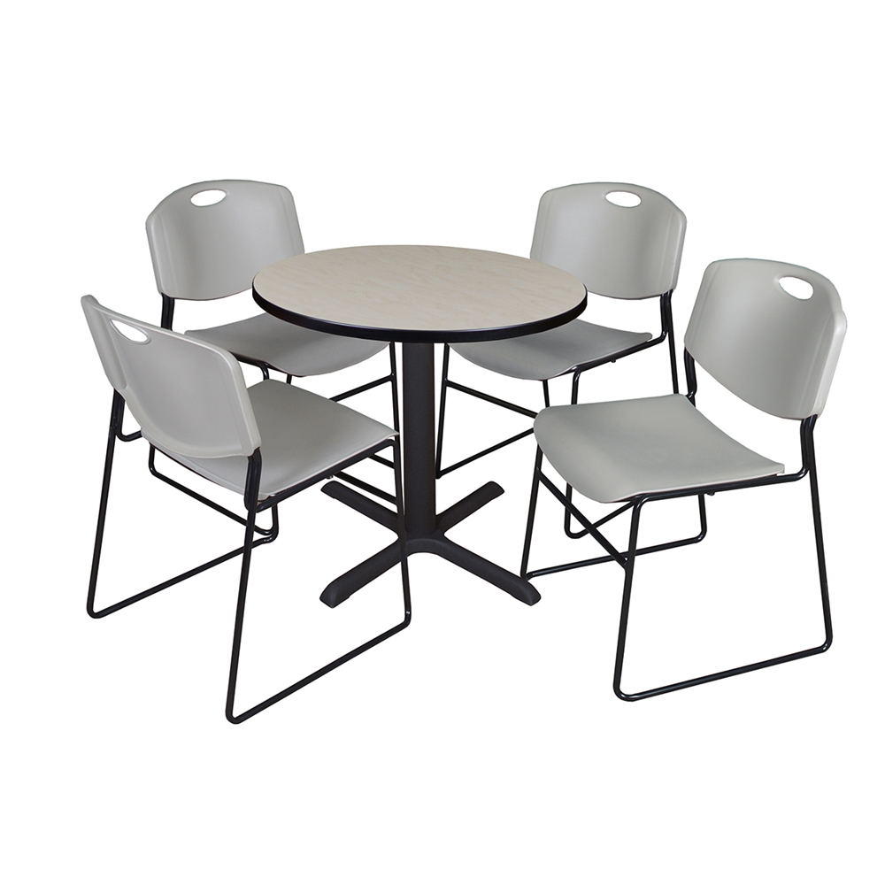Cain 30" Round Breakroom Table- Maple & 4 Zeng Stack Chairs- Grey. Picture 1