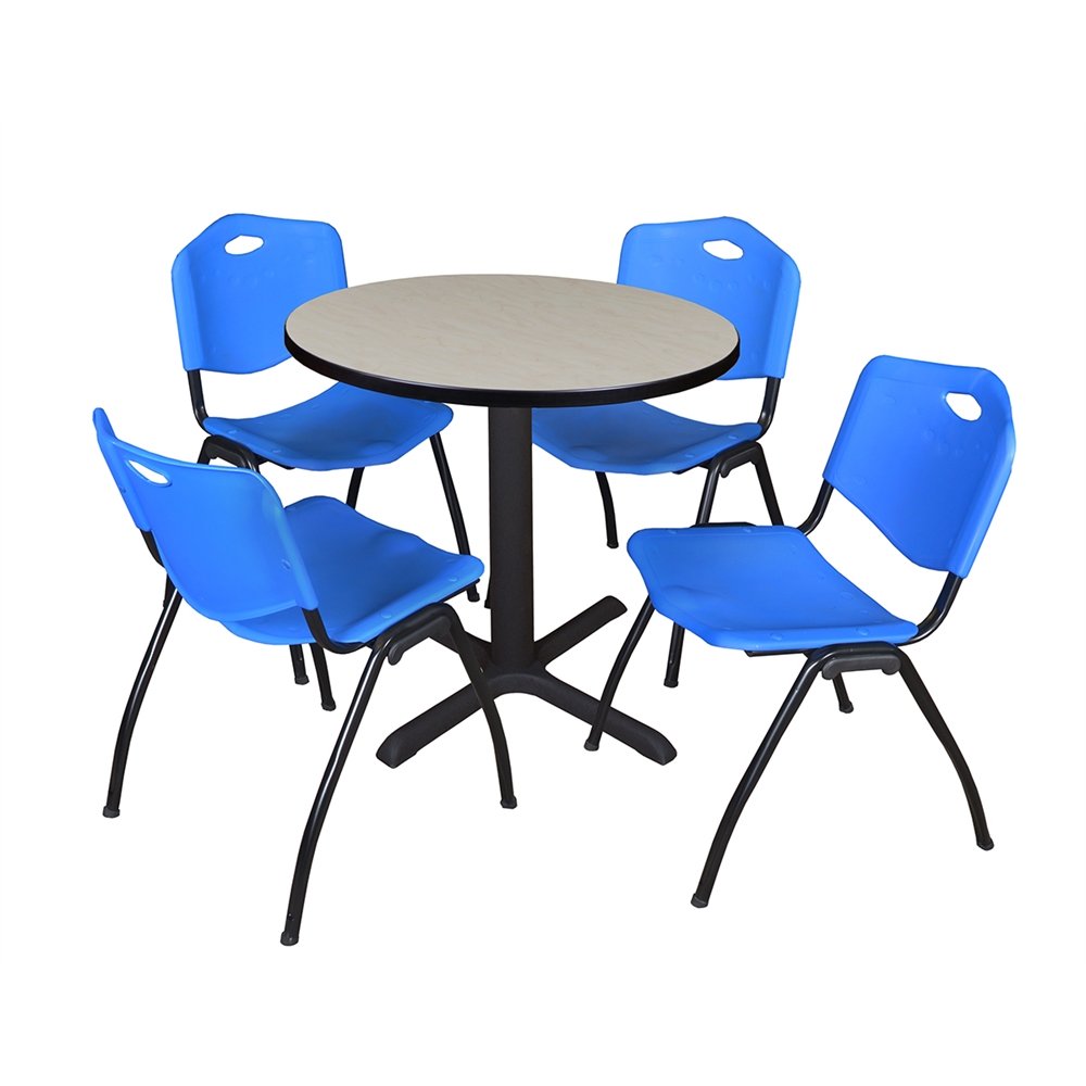 Cain 30" Round Breakroom Table- Maple & 4 'M' Stack Chairs- Blue. Picture 1
