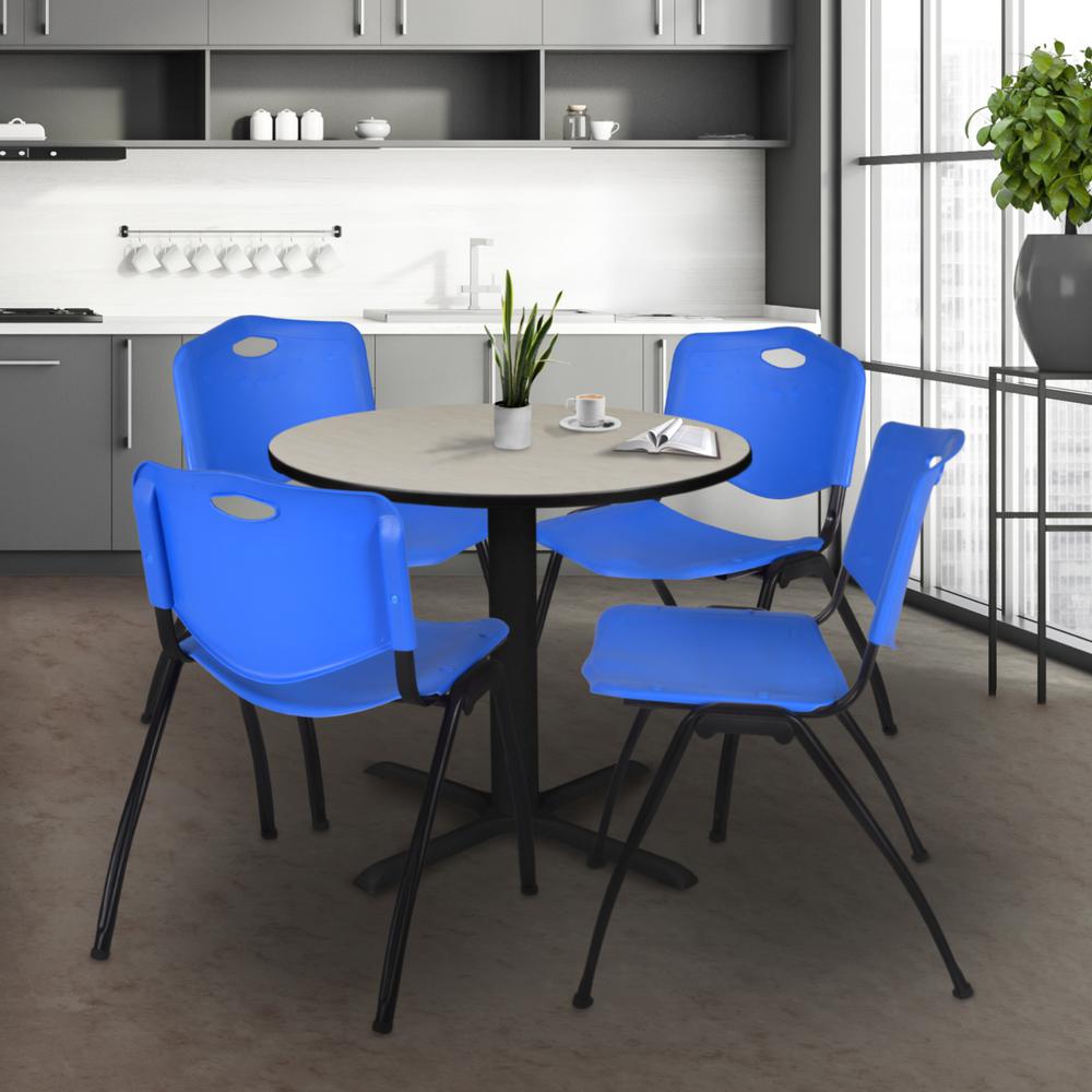 Cain 30" Round Breakroom Table- Maple & 4 'M' Stack Chairs- Blue. Picture 2