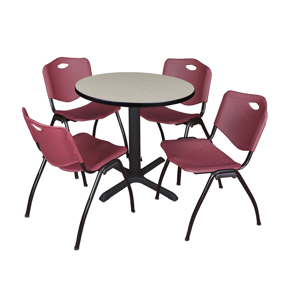 Cain 30" Round Breakroom Table- Maple & 4 'M' Stack Chairs- Burgundy. Picture 1