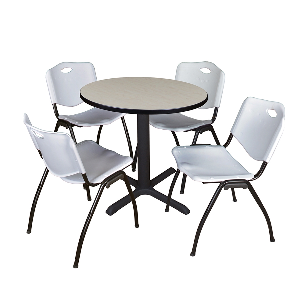 Cain 30" Round Breakroom Table- Maple & 4 'M' Stack Chairs- Grey. Picture 1