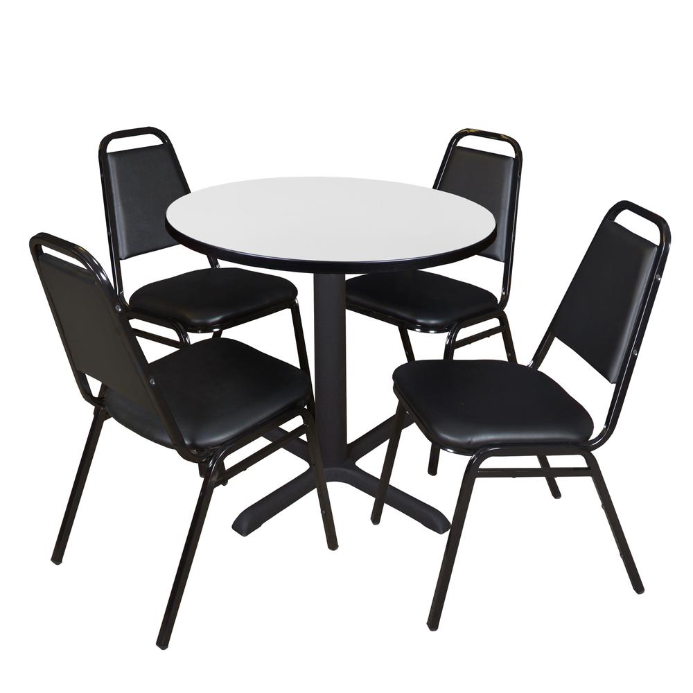 Regency Cain 30 in. Round Breakroom Table- White & 4 Restaurant Stack Chairs- Black. Picture 1